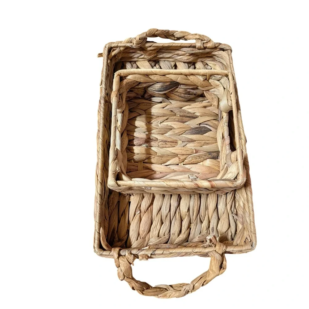 Natural Woven Water Hyacinth Basket Set Rectangular Tray and Square Organizer